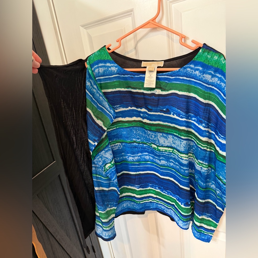 Michael Kors Blue & Green Wave-Stripe Short Poncho Sleeve Top - Picture 3 of 6
